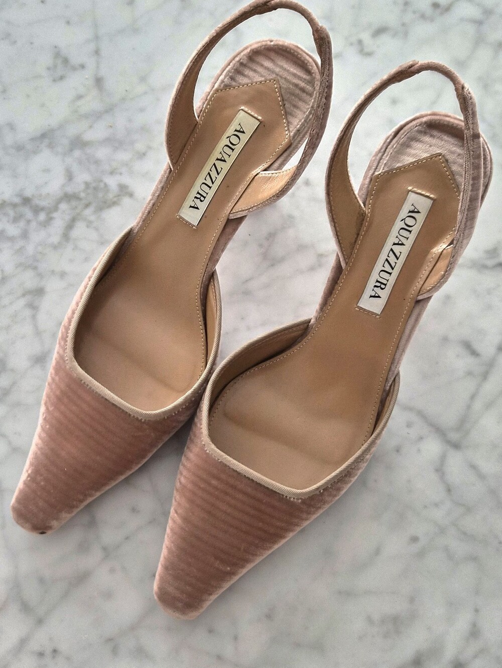 Aquazzura Dusty Rose Velvet Slingback Pumps With Box